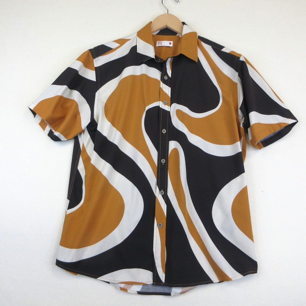 PDI by Padini Button Shirt Mens L Black Mustard Abstract Swirl Short Sleeve
